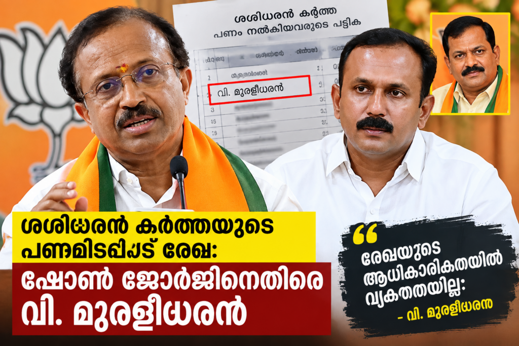 ശശിധരൻ കർത്തയുടെ പണമിടപാട് രേഖ: ഷോൺ ജോർജിനെതിരെ വി. മുരളീധരൻ